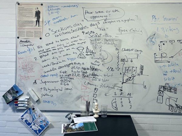 Whiteboardtavlen på Steffen Foss Hansens kontor er fyldt med noter om miljømanagement, innovation, etik og AI. (Foto: DTU)